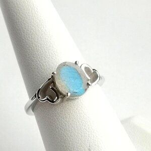 Sterling silver baby blue labradorite ring with heart accents